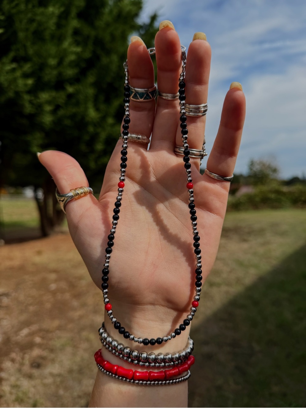 Onyx and Red Coral Stainless Steel Pearl Necklace